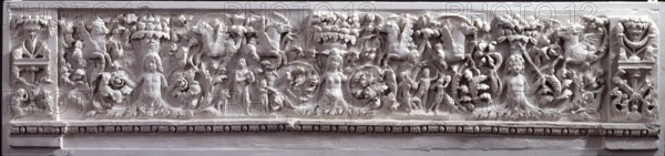 Architectural cast: Frieze depicting flying horses and cherubs supporting vines...19th century? Creator: Unknown.