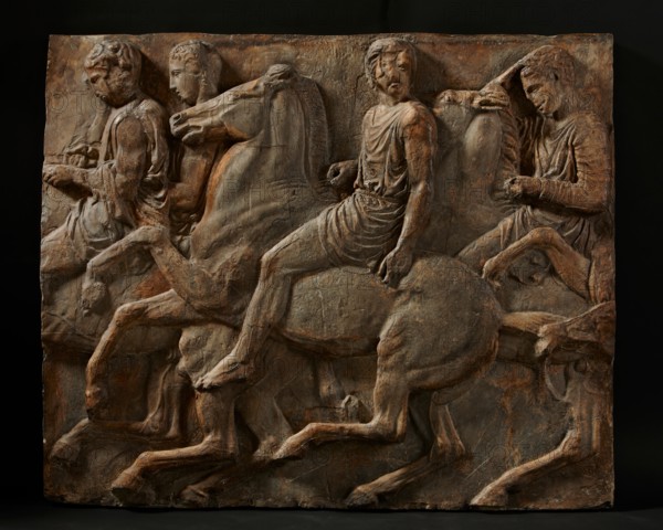 Cast of slab of riders from North frieze of Parthenon (figures 96-99, Slab XXXVI..., 19th century. Creator: Unknown.