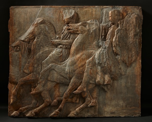 Cast of slab of riders from North frieze of Parthenon (figures 106-108, Slab XXXIX..., 19th century. Creator: Unknown.