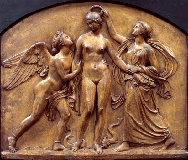 Birth of Venus; received by Celestial Love, and crowned by Persuasion, c1840. Creator: John Gibson.