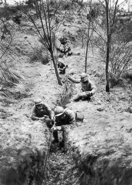 Installation d'une ligne téléphonique à l'arrière du front, en 1918.