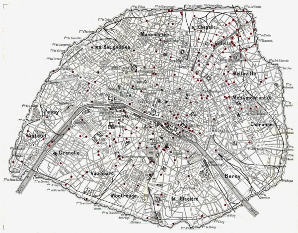 Les bombardements aériens de l'artillerie allemande sur Paris Carte représentant les impacts des