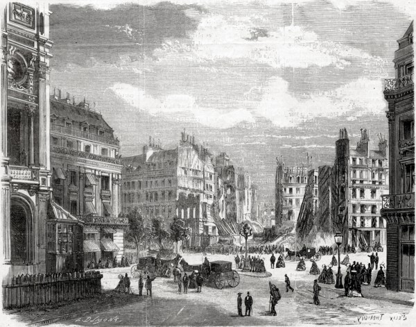 Les travaux du baron Haussmann à Paris, juin 1868. L'aspect de l'angle de la rue de la Paix, ouvert