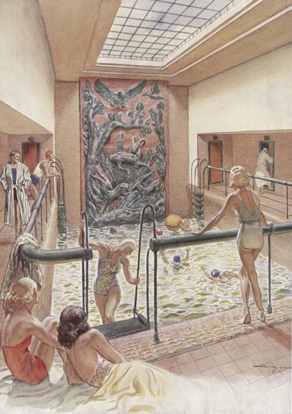 En 1939, la piscine du paquebot Pasteur.  La piscine a été conçue par l'architecte Hennequin. Le
