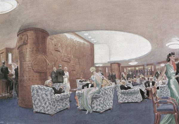 En 1939, le fumoir des premières classes du paquebot Pasteur.  Fumoir conçu par les architectes