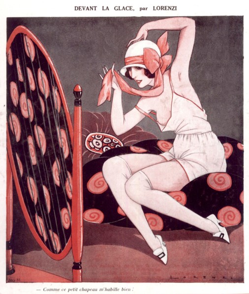 Les années folles, femmes, Mode, sous vêtements. Une jeune femme à demi nue, ajuste son chapeau