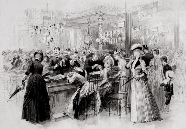 Les magasins du Bon Marché en 1889: clientes et vendeurs au comptoir de ganterie.  Dessin d'Emile