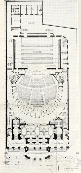 Plan des accès, de la salle et de la scène, proposé en 1910 par l'architecte Roger Bouvard pour le