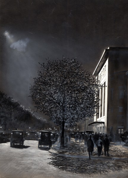 Vue en avril 1913, au moment de son inauguration, de la façade du Théâtre des Champs-Elysées,