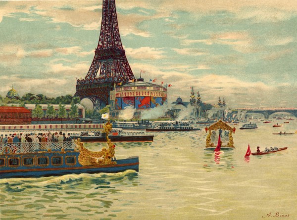Vue de l'Exposition universelle de 1889 à Paris, depuis les berges de la Seine. Au pied de la Tour