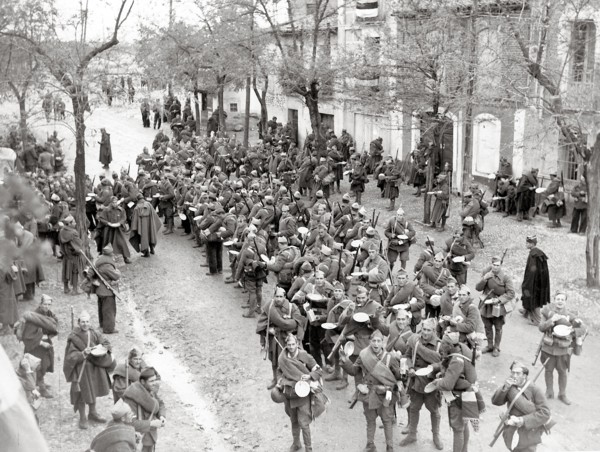 Nationalist soldiers marching over Madrid, 1936