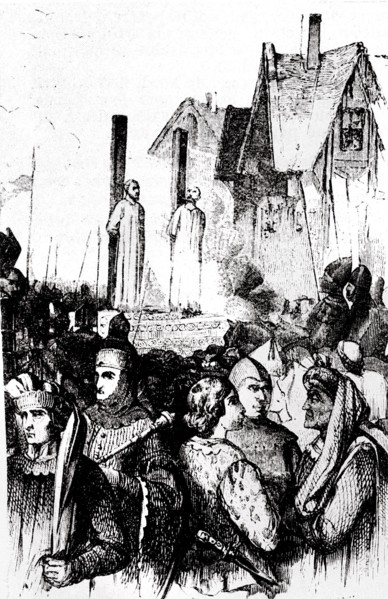 Histoire de France,  les Templiers. Supplice du Grand maître Jacques de Molay brûlé sur le bucher,