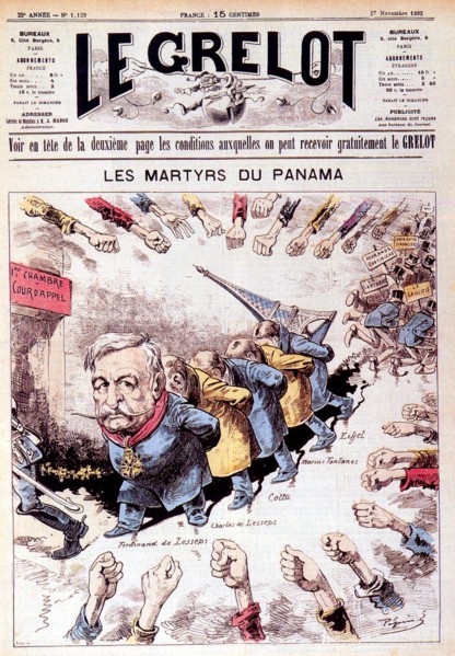 Caricature sur le procès du Panama en novembre 1892. Les principaux protagonistes sont représentés