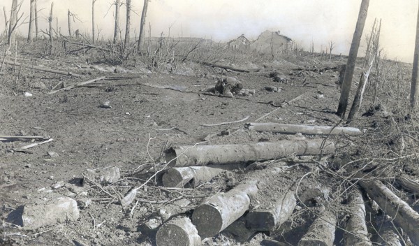 La première guerre mondiale. La route conduisant au fort de Vaux, au fond, le profil du fort -