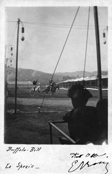 Photo card representing Buffalo Bill on horseback in La Spezia (Italy)