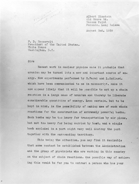 Courrier d'Einstein au Président Roosevelt à propos de la bombe atomique