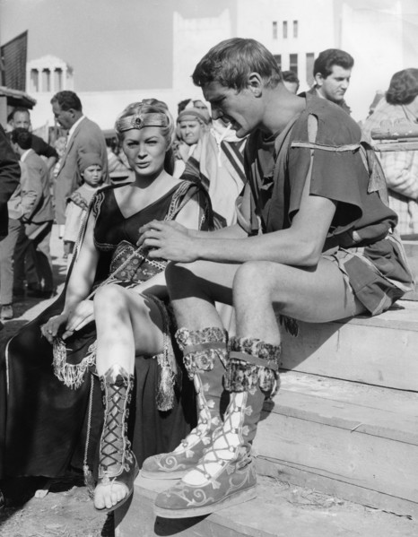 Anita EKBERG and George MARCHAL on the set of  'In the Sign of Rome', 1958