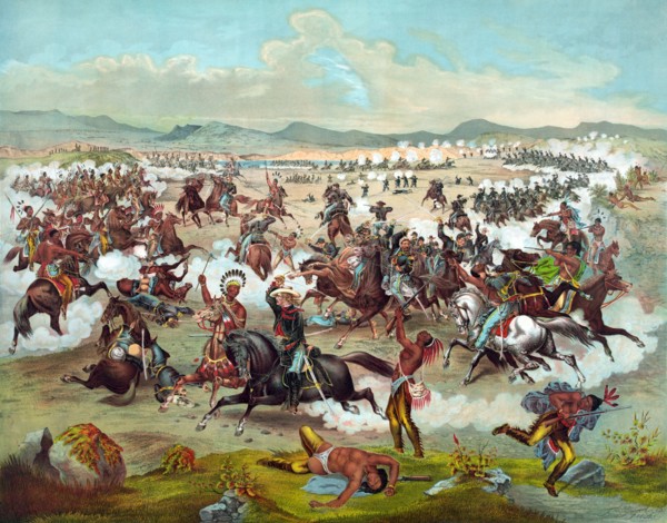 Print depicting Custer's Last Stand with the US 7th Cavalry at the Battle of the Little Bighorn in 1876.