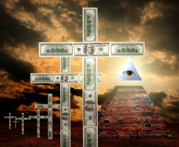 New world order money religion concept and sign of illuminati