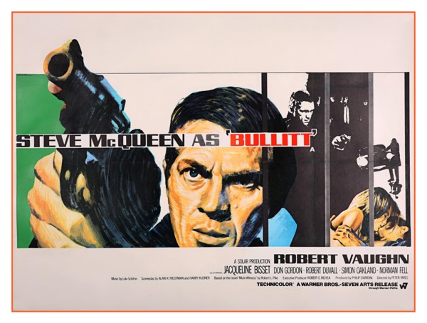 Vintage UK film movie poster for the Steve McQueen movie "Bullitt" (1968).Bullitt is a 1968 American action thriller film directed by Peter Yates and produced by Philip D'Antoni. The picture stars Ste...