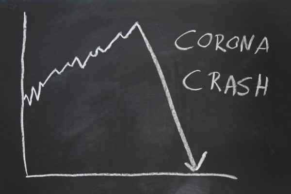 corona crash - hand-drawn graph on chalkboard showing stock market collapse or financial economy crisis caused by coronavirus
