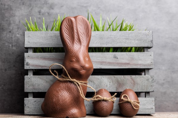 Traditional delicious Easter chocolate bunny and eggs