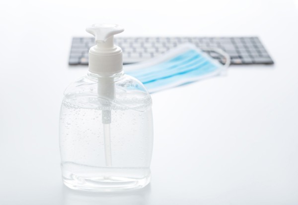 Coronavirus Covid Prevention. Hand sanitizer antiseptic gel, respiratory protective mask,surgical disposable masks for protection from viruse on