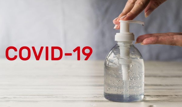 Hand sanitizer for prevention of coronavirus covid-19 pandemic with letters.