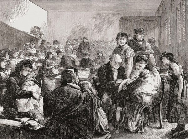 The District Vaccinator, after an 1871 woodcut by E. Buckman .  A doctor inoculates a crying child being held by its mother in a dispensary in London’s East End.  In the United Kingdom the Vaccination...
