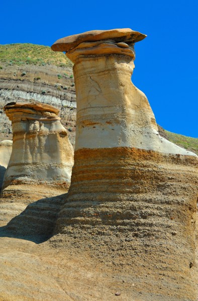 Hoodoos at the Badlands in Drumheller, Alberta, Canada, North America. Vertical format