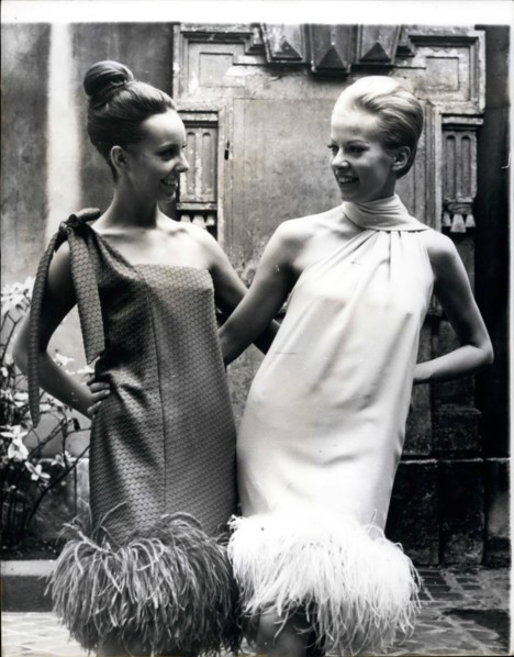 Aug. 08, 1965 - Fashions from the Cardin Collection. Photo shows among the latest fashions from Paris are these two typical dresses from Pierre Cardin's Autumn and Winter Collection. Both are trimmed ...