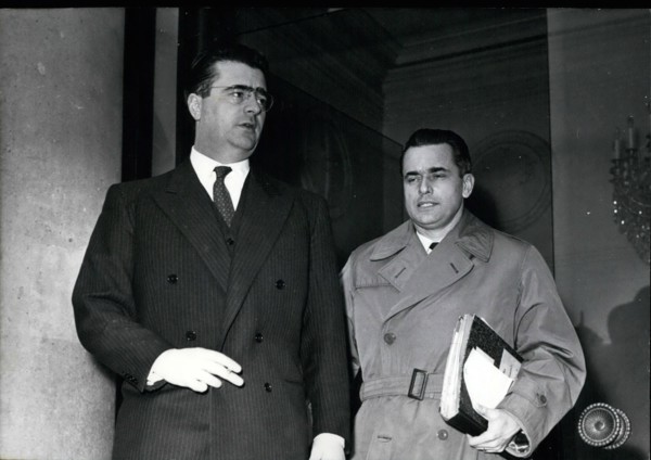 Feb. 24, 2012 - Cabinet Meeting: Important problems discussed. M. Felix Gaillard, Prime Minsiter (right) and M. Chaban-Delmas, Defence Minister, leaving the Elysee after the cabinet meeting today. Jan...