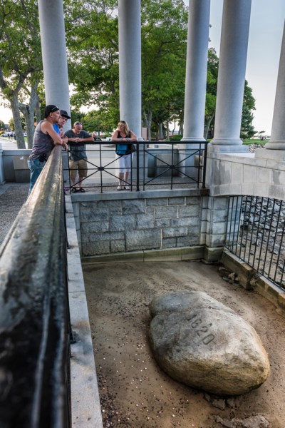 Plymouth Rock Portico containing the Plymouth Rock, the stone onto which the Mayflower Pilgims disembarked in 1620. Massachusett