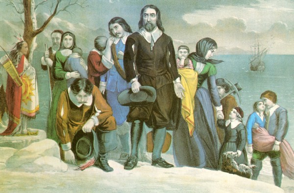 Caption reads: "The landing of the pilgrims at Plymouth, Massachusetts on December 22, 1620."The 'Mayflower' left Delft Haven in Holland, September 6, 1620 and after a boisterous passage of sixty thre...
