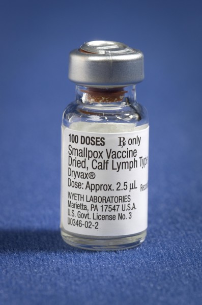 A vial of Dryvax{R} dried calf lymph type smallpox vaccine, which is reconstituted with a diluent prior to vaccination, 2002. Vaccinia (smallpox) vaccine, derived from calf lymph, and currently licens...
