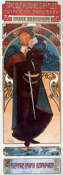 Alphonse Mucha, advertising poster for Hamlet with Sarah Bernhardt, colour lithograph, 1904.  Alfons Maria Mucha (1860 -1939) was a Czech Art Nouveau painter, illustrator and graphic artist,