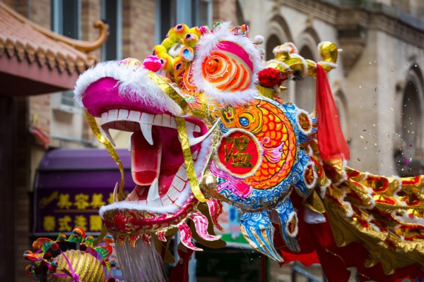 Traditional Chinese Dragon parades at the Lunar New Year Festival in Chinatown.