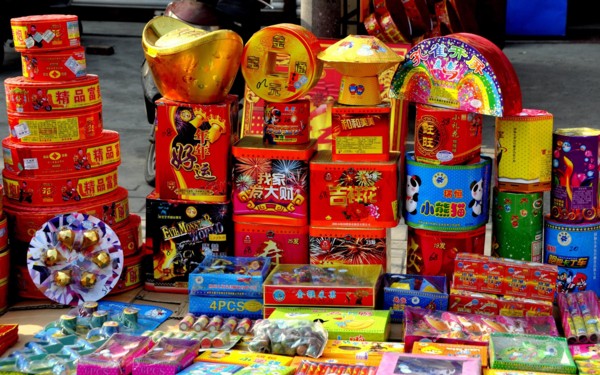 Jun Le, China:  Display of fireworks sold at a vendor booth for Chinese New Year
