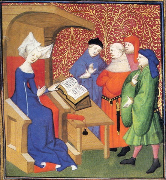 Christine de Pizan lecturing to a group of men. Christine de Pizan (1364-c.1430) was an Italian-born French medieval writer of many works, including poems of courtly love, a biography of Charles V of ...
