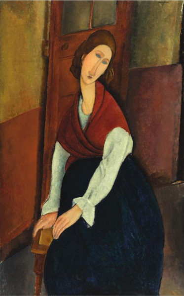 A 20th-century portrait by Amedeo Modigliani of Jeanne Hébuterne, showing the artist's distinctive linear style and use of color in early modern European painting.