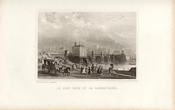 The Pont Neuf and the Samaritaine, Pont Neuf with Pump Tower la Samaritaine in Paris, after p. 350, p. 417, Rouargue Frères (del. & sculp.), Dulaure: Histoire de Paris et de ses monuments. Nouvelle éd...