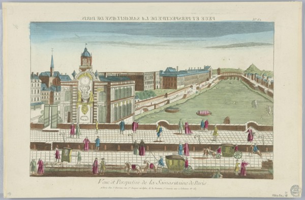 Peep-show, Veue et Perspective de la Samaritaine de Paris, No. 62, Engraving in ink with washes of watercolor on paper, mounted on scrapbook page, Peep-show print, France, ca. 1750, Print