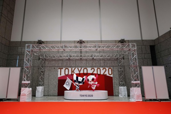 Tokyo, JPN. 14th Apr, 2021. The unveiled statues of Miraitowa, center, and Someity, officials mascots for the Tokyo 2020 Olympics and Paralympics, are seen to mark 100 days before the start of the Oly...