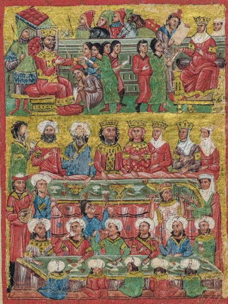 A cropped fourteenth-century miniature Greek manuscript depicting scenes from the life of Alexander the Great, this scene shows Byzantine Greek musicians and various musical instruments. The scene dep...