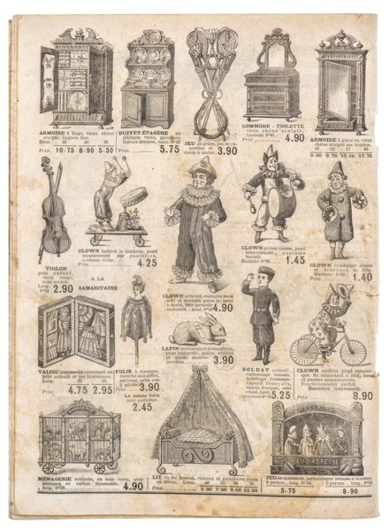 Vintage toys collection. Antique googs shop advertising, page of original shopping catalog La Samaritaine, Paris, France, circa 1897