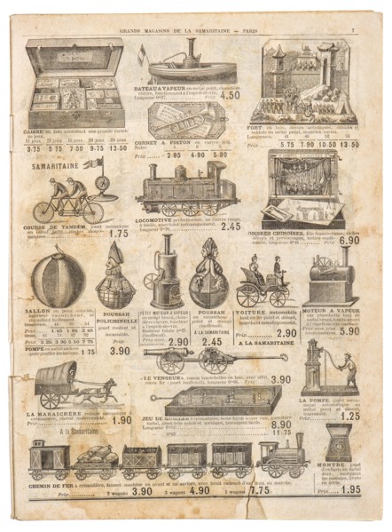 Vintage victorian toys collection. Old engraved picture.  Antique googs shop advertising, page of original shopping catalog La Samaritaine, Paris, Fra