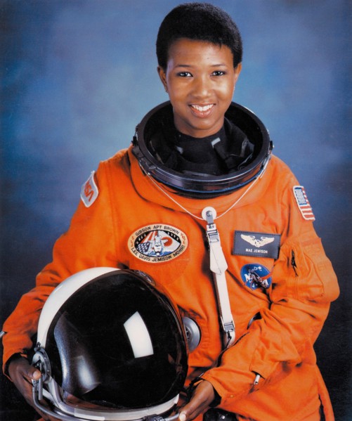 Official portrait of NASA STS-47 Spacelab-J Space Shuttle Endeavour mission prime crew astronaut Dr. Mae Jemison in an orange spacesuit at the Johnson Space Center July 1, 1992 in Houston, Texas. Jami...