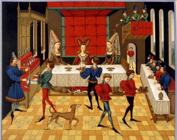 Superstitions - Touching food with hands. Lithograph of French 15th century manuscript "Roman de Renaud de Montauban"