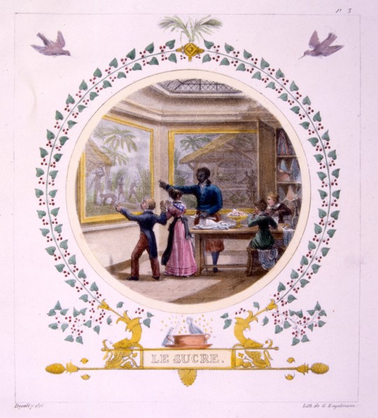 Illustration 'Sugar'  1829, by Jean-Charles Develly (1783 – 1862); French illustrator and artist. An African or Afro-Caribbean slave explains the origin of sugar from slave plantations to French child...