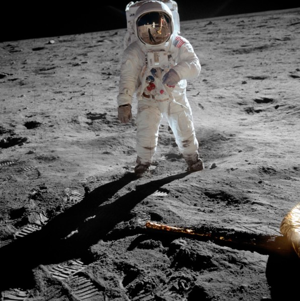 Astronaut Buzz Aldrin on the moon - Astronaut Buzz Aldrin, lunar module pilot, stands on the surface of the moon near the leg of the lunar module, Eagle, during the Apollo 11 moonwalk. Astronaut Neil ...